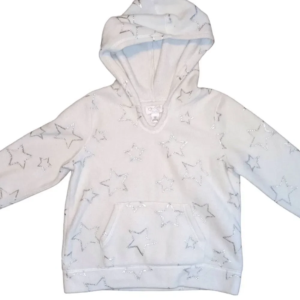 Children's Place Fleece Pullover Hoodie White Silver Glitter Stars Girls Sz S 6